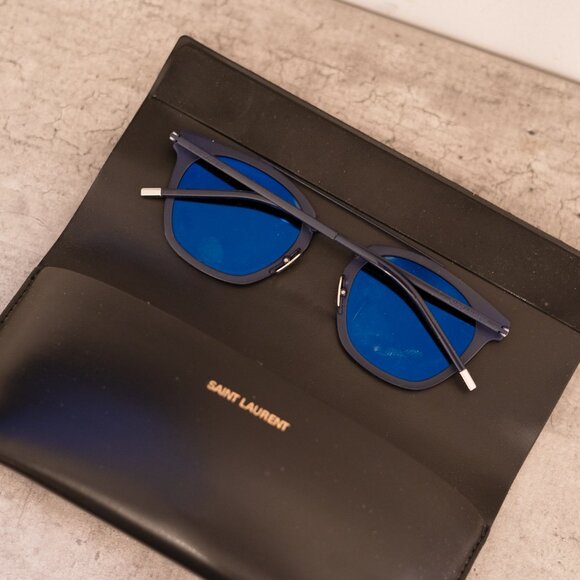 Saint Laurent Reflective Metal Round Sunglasses in Navy - Picture 2 of 5
